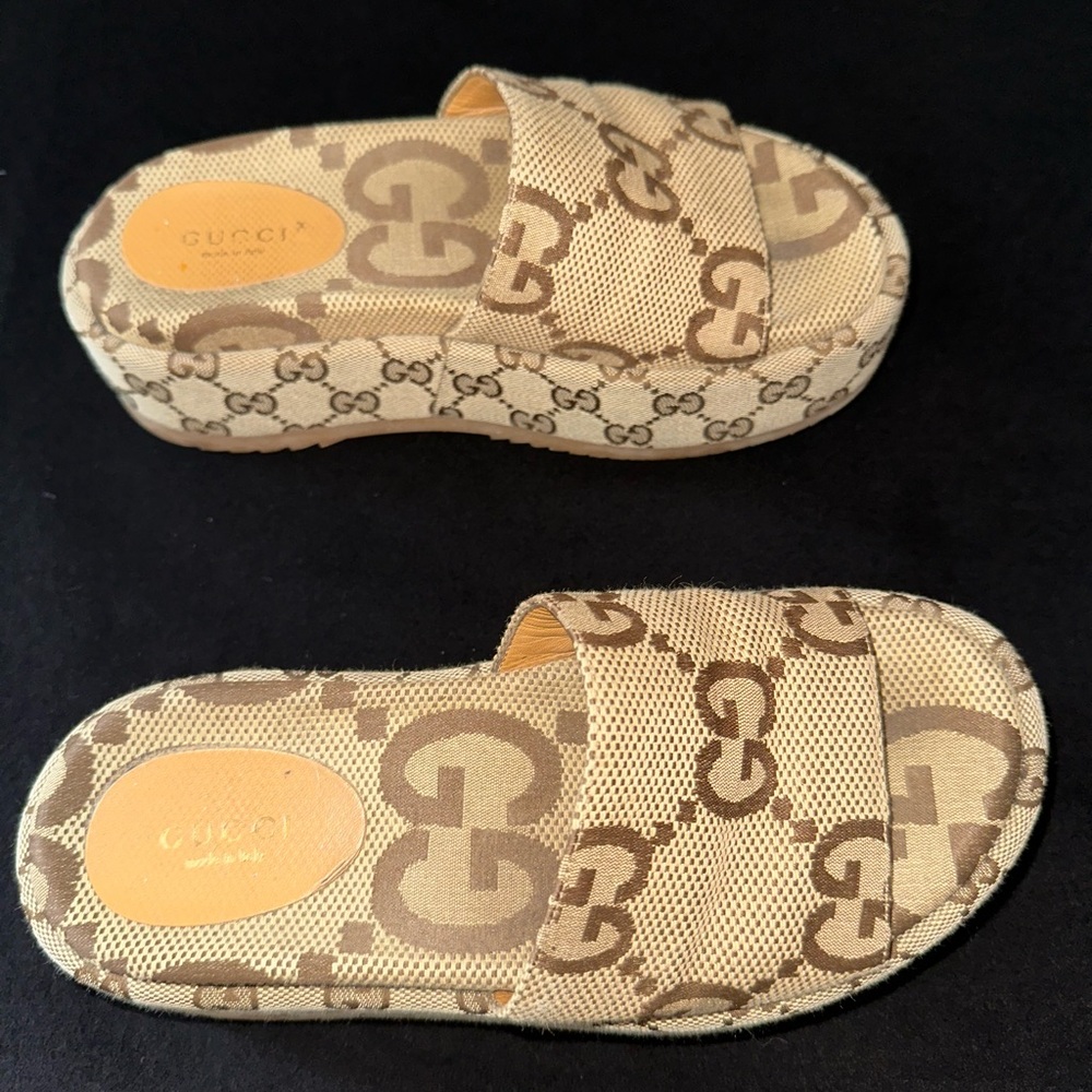 Gucci Women Beige Monogram Slide Sandals